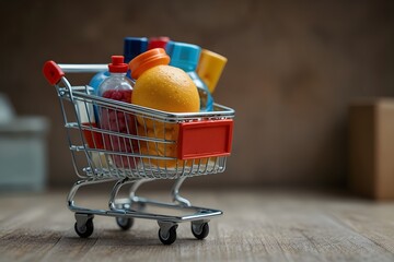Online shopping concept, shopping cart with products, eye-level shot, clean background
