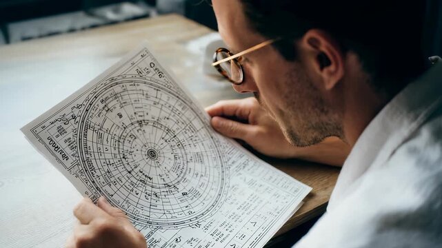 Thoughtful individual studies detailed astrology chart, analyzing celestial patterns, astrological symbols. Conveys sense exploration, learning, fascination with horoscopes, cosmic mysteries