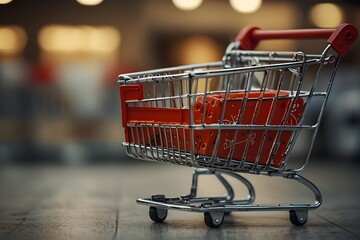 E-commerce concept, close-up shopping trolley detail, defocused background

