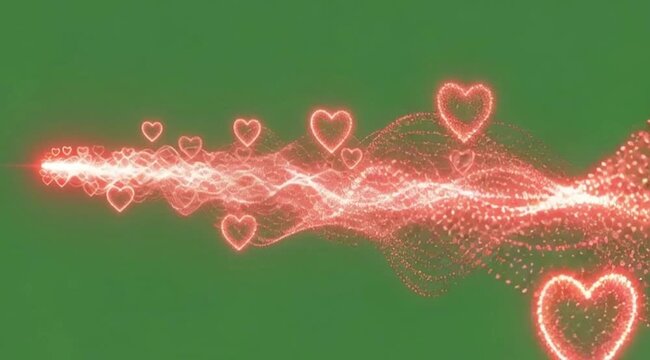 A powerful wave of red and orange energy particles rushing towards the camera, forming abstract heart shapes as they move 