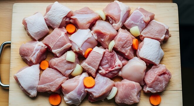 Raw meat chunks with garlic and carrot slices on a wooden cutting board viewed from above