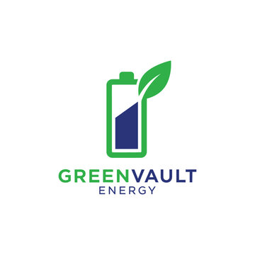 Modern battery icon integrated with an organic leaf logo for a sustainable power storage startup called GreenVault Energy