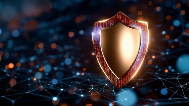 A Stunning Digital Shield Surrounded by Abstract Network Connections, Symbolizing Security and Protection in the Digital Age with Vibrant Lights and Colors