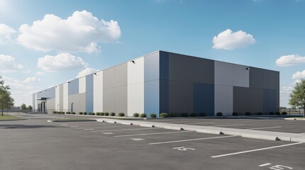Fototapeta premium A large, modern warehouse building under a partly cloudy sky with an empty, marked parking lot in the foreground.