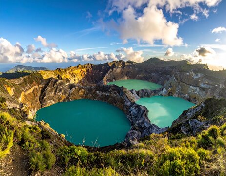 Stunning Aerial View of Kelimutu Crater Lakes with Turquoise Waters and Volcanic Landscape.