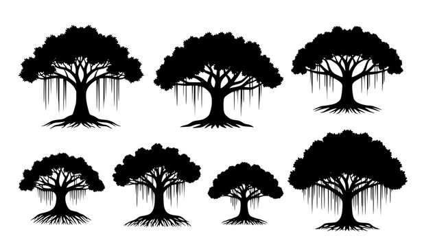 Black Banyan Tree Multi-Angle Vector Package Collection Flat Illustration Isolated on White
