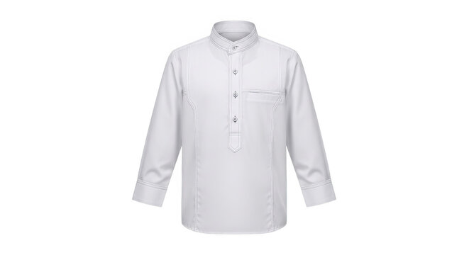 Elegant White Mens Thobe Style Shirt With Stand Collar And Stitching