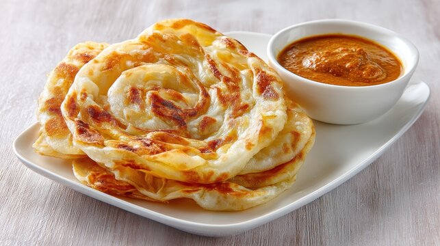 Flaky Golden Roti Canai Served with Spicy Peanut Curry Sauce on White Plate