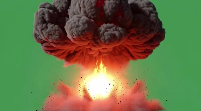 A wide-angle view of a large explosion on the horizon, massive fireball and mushroom cloud, shot from a distance, clean element on a solid chroma green background