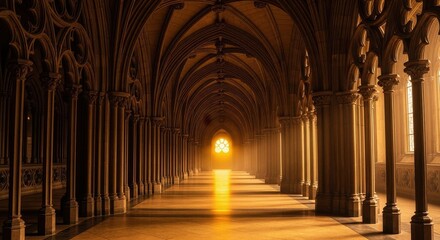 Obraz premium A dimly lit gothic style corridor with arches and columns leading to a bright light