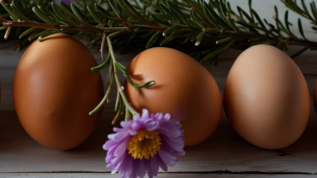 A Beautiful Arrangement of Colorful Eggs and Fresh Purple Flowers on Rustic Wooden Surface Capturing the Essence of Spring and Nature's Beauty