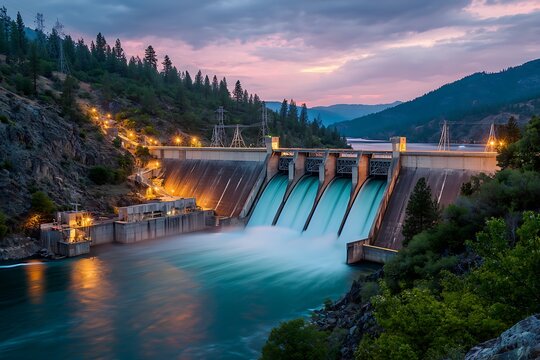 Powerful hydroelectric dam releases controlled torrents of blue water into the river valley below during a dramatic sunset over the surrounding forested mountains.