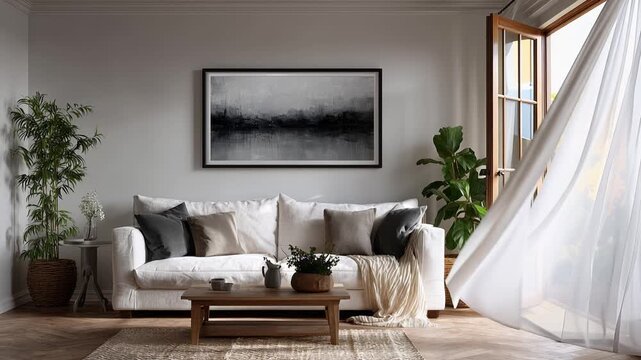 Elegant Living Room with Modern D&eacute;cor, Featuring a Cozy Sofa, Lush Green Plants, and a Beautiful Painting Over a Wooden Coffee Table in a Bright Atmosphere