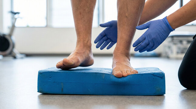 Vestibular Rehabilitation Patient Balancing on High Density Foam Pad Bright