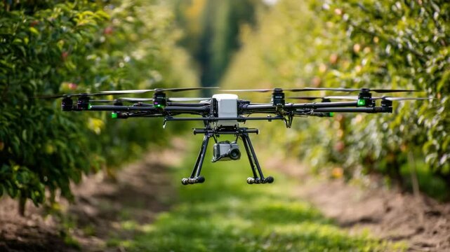 Drone flying over rows of trees in bright sunlight environment