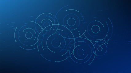 Abstract technology background with connected circular elements symbolizing data transmission, digital network systems, information exchange, cloud connectivity, and modern communication technology. © K illustrator Photo