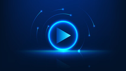Abstract technology background with a play button icon inside a glowing digital circle, representing media streaming, online video platform, digital content, multimedia, interactive entertainment © K illustrator Photo
