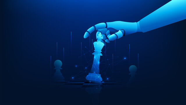 Artificial intelligence technology background featuring a robotic hand moving a chess king piece, symbolizing strategic thinking, AI decision-making, machine learning intelligence, business strategy