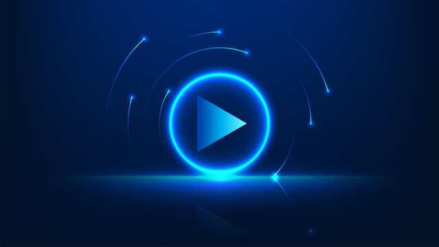 Abstract technology background with a play button icon inside a glowing digital circle, representing media streaming, online video platform, digital content, multimedia, interactive entertainment