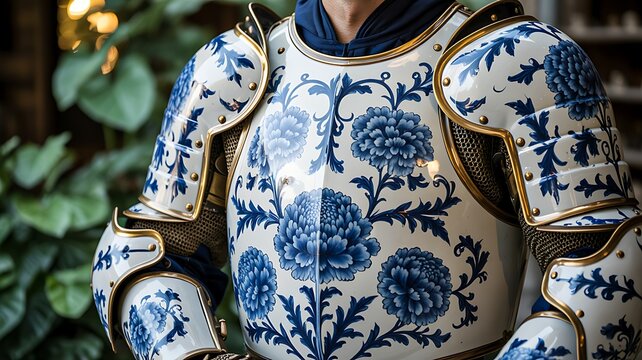 Medieval knight armor with blue floral pattern standing outdoors
