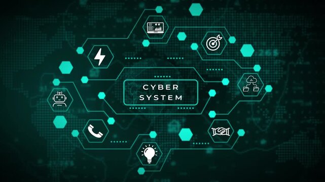 Digital network connections and data flow visualized with glowing teal hexagonal nodes and a central rectangular interface against a dark teal map background with subtle grid patterns and glowing