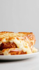 Golden Brown Toasted Sandwich With Melty Cheese and Ham On White Plate