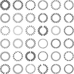 Laurel wreath vector illustration set with 36 circular designs&mdash;ideal for branding, certificates, logos, heraldic artwork, academic awards, and decorative design projects.