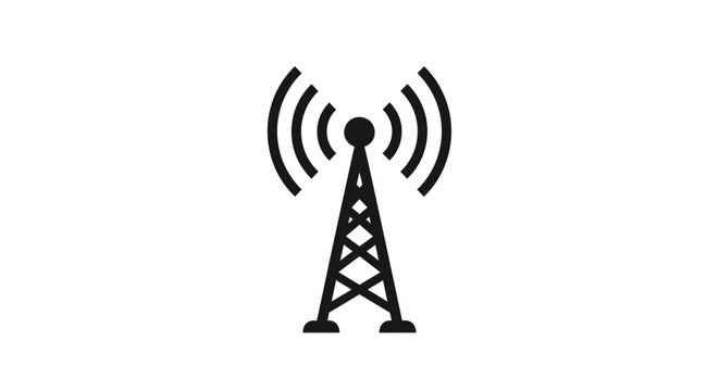 Simple black icon of a radio tower emitting signal waves.