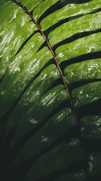 Vivid Green Fern With Water Droplets. Rainforest Illuminated Fern Showcasing Veins And Reflective Sheen