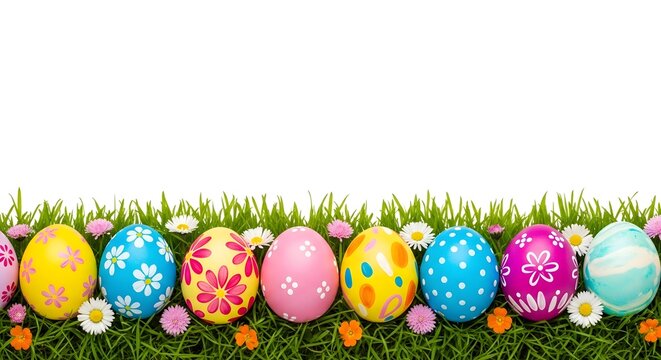 Colorful easter eggs on grass with small flowers