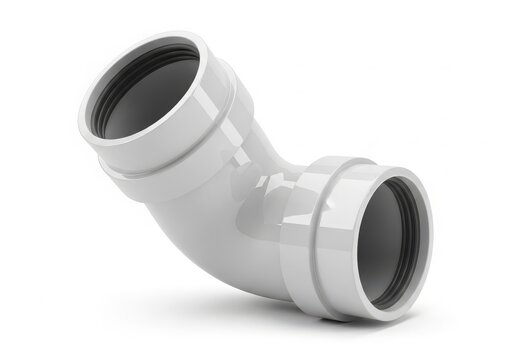 A white plastic elbow pipe fitting used for connecting two sections of pipe at an angle. isolated on white background