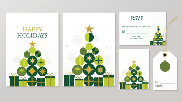 Christmas tree holiday cards and gift tag set with green ornaments and gold stars Christmas tree holiday cards and gift tag set with green ornaments and gold stars