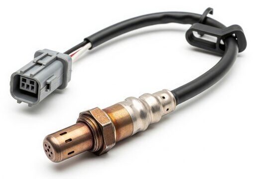 Close-up view of a car's oxygen sensor with a black cable attached to it. isolated on white background