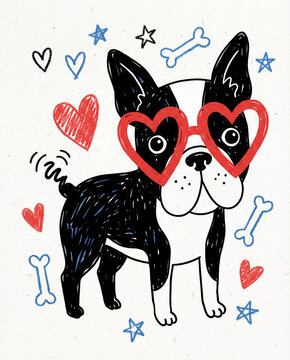 Cute Boston Terrier Doodle with Heart Shaped Glasses &ndash; Naive Cartoon Dog Illustration