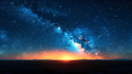 Obraz premium Sunset over dark land with vibrant milky way galaxy