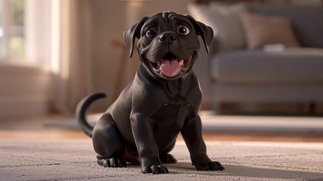 Adorable Black Puppy Sitting on a Carpet in a Bright Living Room.