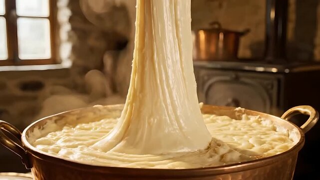 Stirring and stretching hot cheesy French aligot in a rustic copper pot