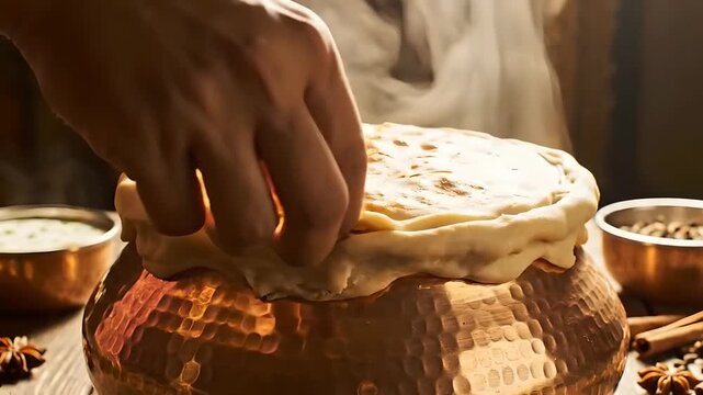 Cutting dough seal on copper pot to reveal steaming hot Indian dum biryani