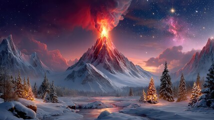 Fototapeta premium Majestic Volcano Erupting in a Snowy Landscape Beneath a Starry Sky with Colorful Nebula and Verdant Pines, Captivating Nature's Raw Power at Dusk