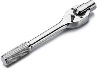 Obraz premium A close-up view of a high-quality chrome-plated combination wrench with a textured handle. isolated on white background