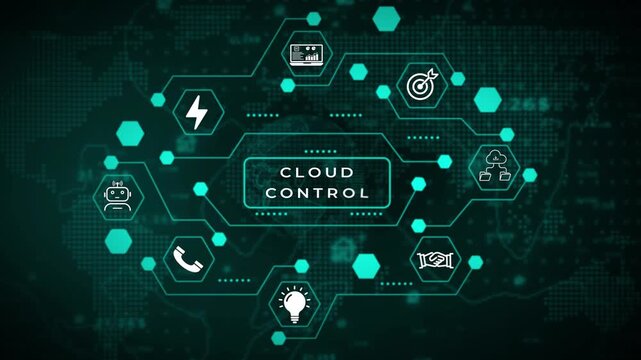 Digital network interface with interconnected hexagonal nodes and a central rectangular data processing area against a dark teal global map background with glowing dot grid