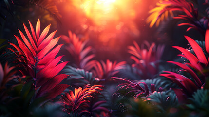Vibrant tropical foliage bathed in warm sunset light