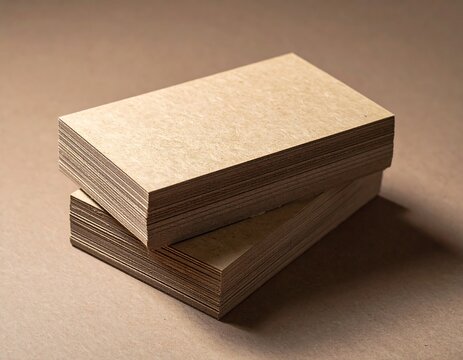 Close-up of two stacks of rectangular, brown paper cards set on a matching surface