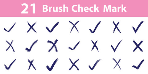 21 set of crayon grunge check mark elements. Brush, marker drawn check mark and cross icon set Collection of hand drawn doodle tick symbol, chalk checkmark illustration. © Hike Studio 444
