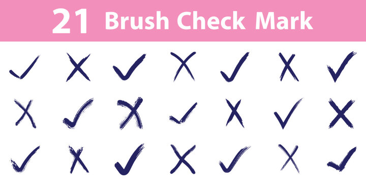 21 set of crayon grunge check mark elements. Brush, marker drawn check mark and cross icon set Collection of hand drawn doodle tick symbol, chalk checkmark illustration.