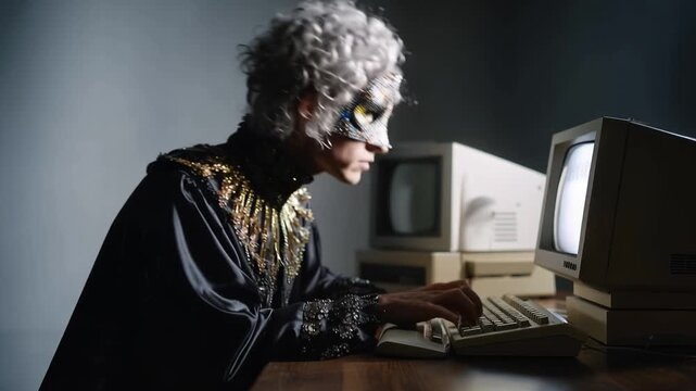 A mysterious figure adorned in elaborate attire and a mask sits attentively at a vintage computer, deeply engrossed in the digital realm of the past.