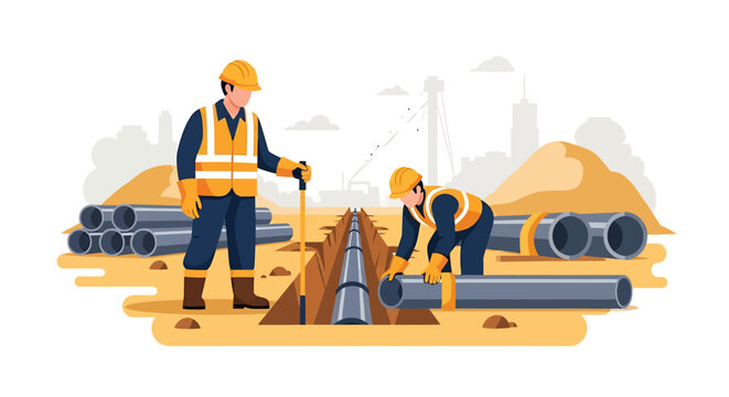 Construction workers installing pipes in a trench.