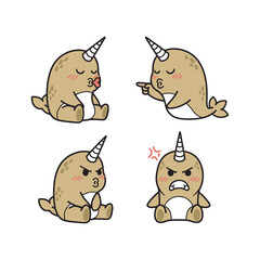 Narwhal character set showing different emotions on white background © Tanjina Stock
