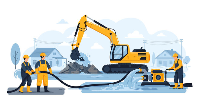 Construction workers operating excavator and water pump during heavy rain.