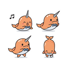 Cartoon narwhal characters with different emotions and bow ties on white background © Tanjina Stock
